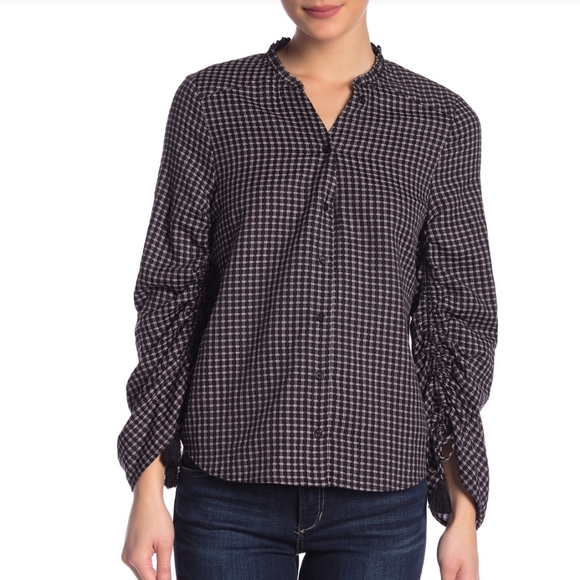 PAIGE Plaid Button Front Split Neck Ruffle Long Sleeve Tassel Black Mauve M NWT - Picture 3 of 14